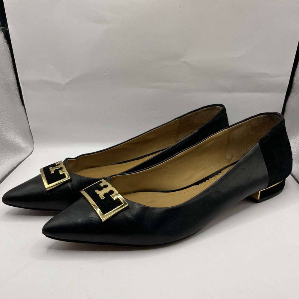 Tory Burch Jessa Pointed Toe Flats Women 11M Black Leather Suede Gold Logo